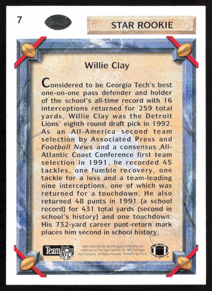1992 Upper Deck Willie Clay #7 Rookie Detroit Lions - Image 2 of 2