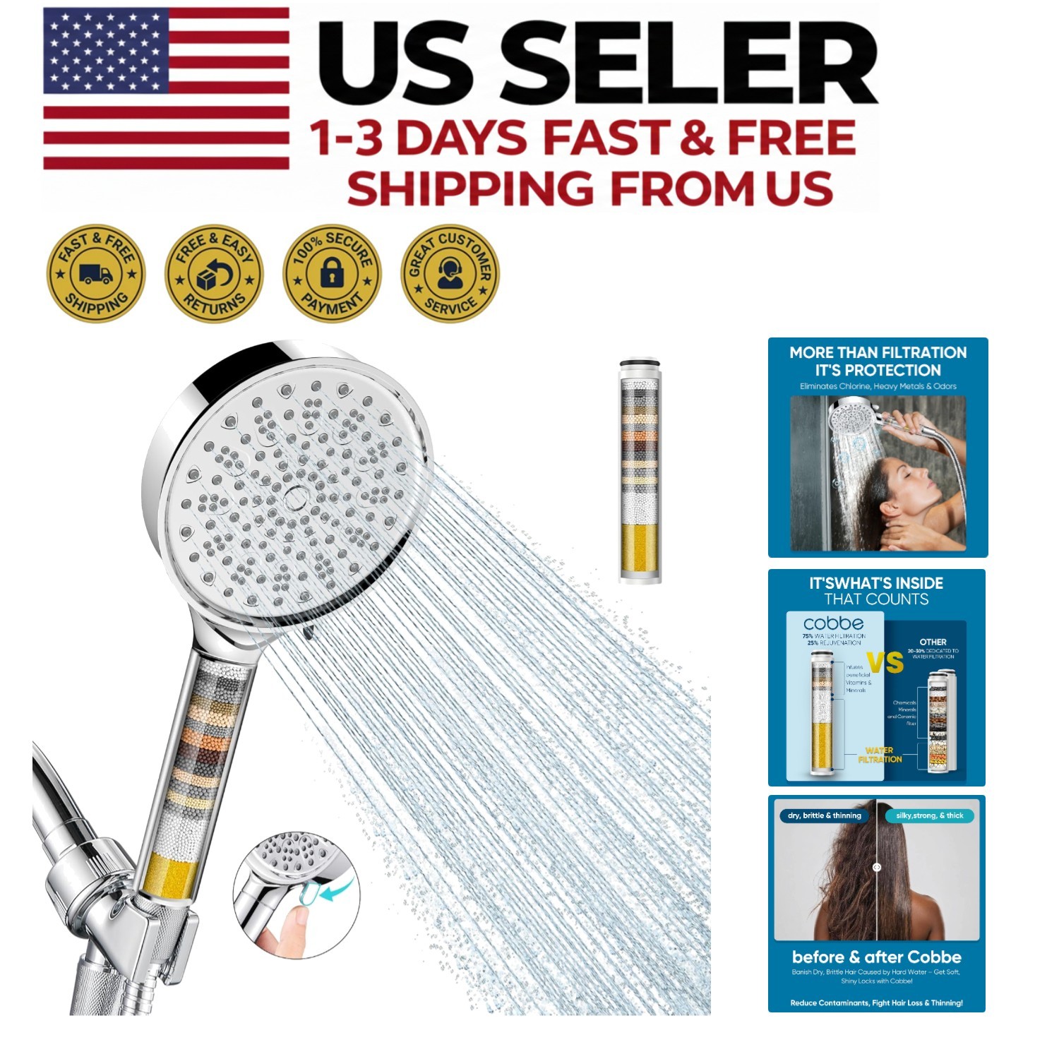 Filtered Handheld Shower Head, High Pressure, 6 Spray Modes, Chrome Finish
