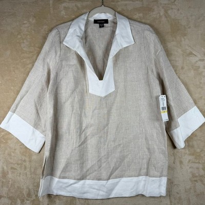 Karen Kane Womens M Tropic Sun Contrast Tunic 100% Linen Top Oat White Classic