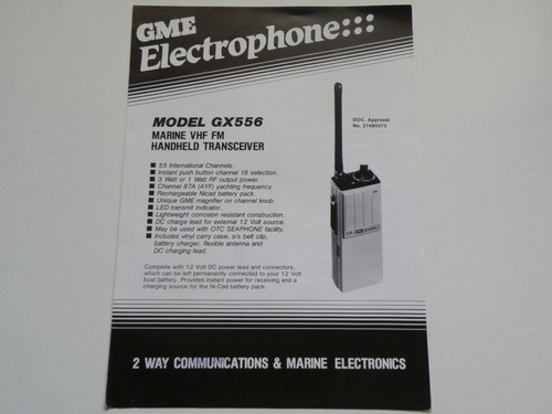 SALES&INFO SHEET-GME ELECTROPHONE GX556HANDHELD55CH UHF MARINE RADIO TRANSCEIVER - Zdjęcie 2 z 11