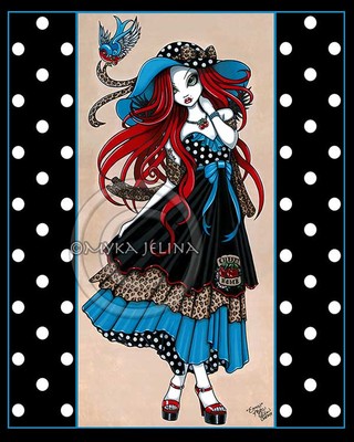 Myka Jelina Angel Art Print Signed Emma Rockabilly Retro Polkadots Red Hair Fae