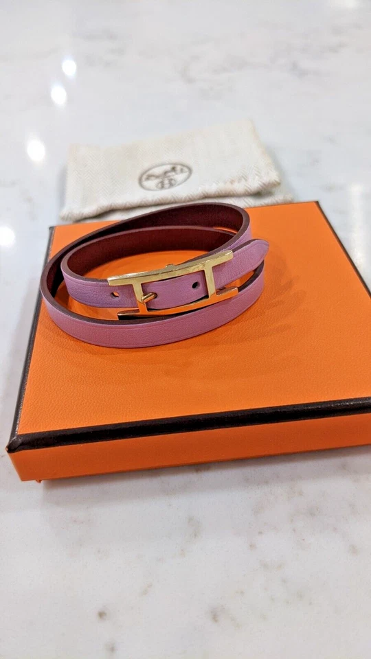 Pulsera HERMES Behapi Doble Tour Rosa/Vino Reversible con Oro "H" Color Raro Foto 4 de 4