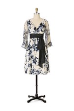 Rare! 0 Anthropologie '"Ink Wash Dress"  Silk Floral Dress Navy