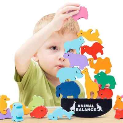 Wooden Balance Blocks Toys For Children Animal Dinosaur Building Stacking High