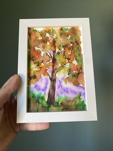 Baum, Herbst, Sonnenuntergang, Sonnenaufgang, abstrakt, 4/6, Originalgemälde auf Papier, gerahmt - Bild 6 von 6