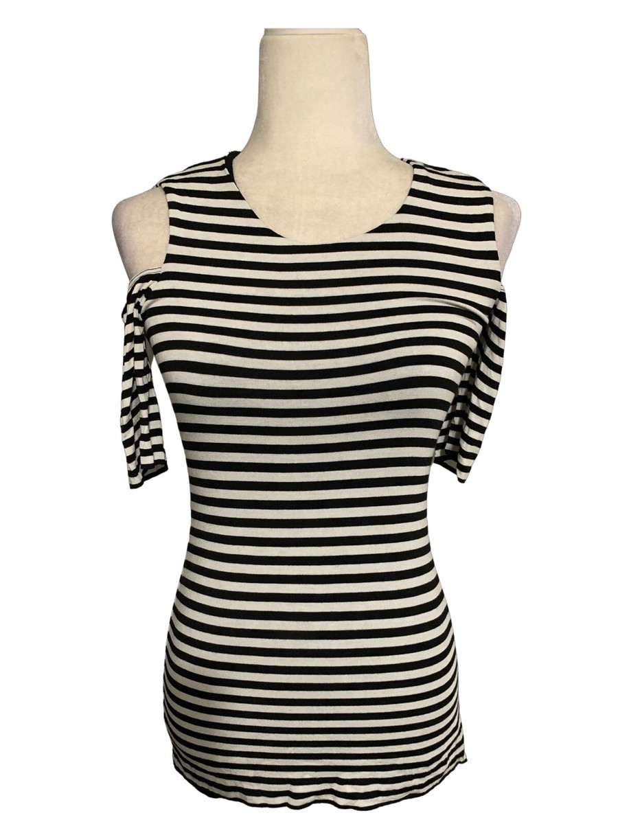 bailey 44 womens black white striped short sleeve cold shoulder top t shirt  xs