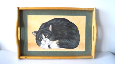 Vintage Marks and Spencer Serviertablett groß 18 x 11,5 Zoll Holzeinfassung Katze