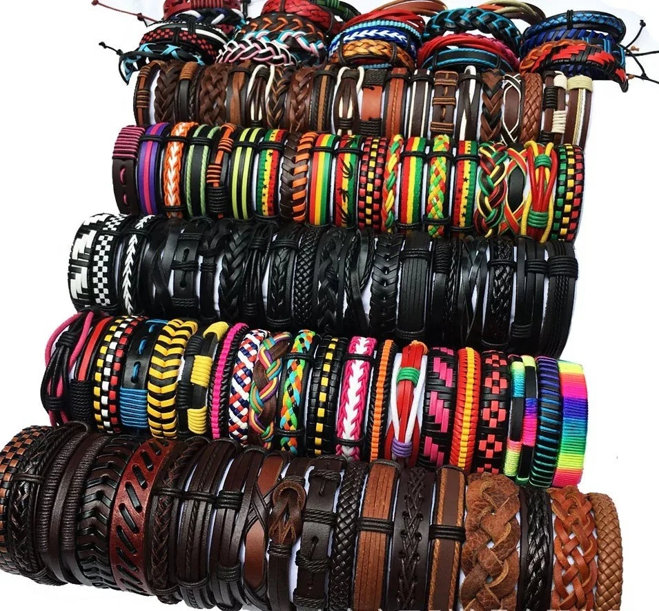 Atacado 30 peças/lote estilos mistos pulseiras de couro vintage joias coloridas - Imagem 3 de 4