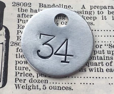Number 34 Tag Aluminum Metal Numbered Keychain Stamped Token Fob Check