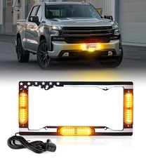 Xprite Aluminum 13.5" LED License Plate Strobe Lights Frame w/ USA Flag Amber