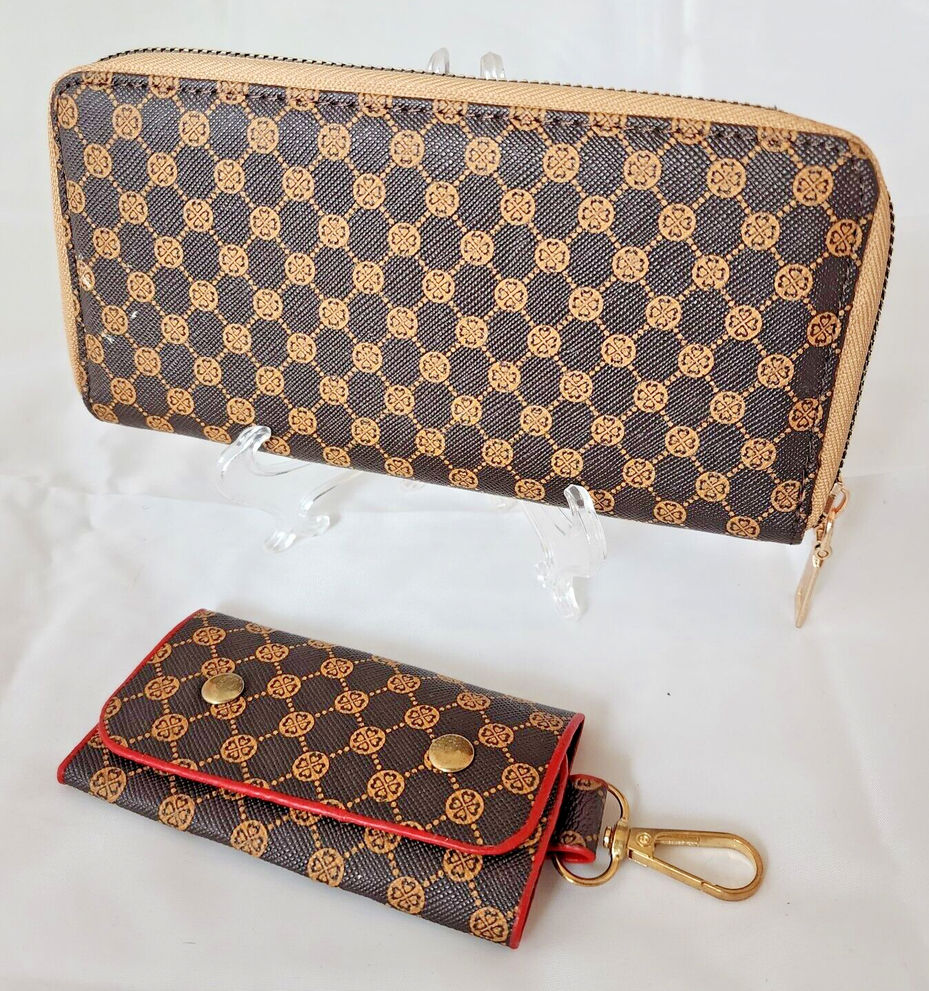 Tan Brown Zip-Around Wallet with Patterned Design & Key Ring Organizer-image