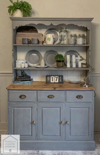 Grey Solid Pine Vintage Country Farmhouse Style Kitchen Dresser