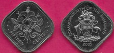 BAHAMAS 15 CENTS 2005 UNC HIBISCUS(HIBISCUS ROSA-SINENSIS)AND THE DENOMINATION D
