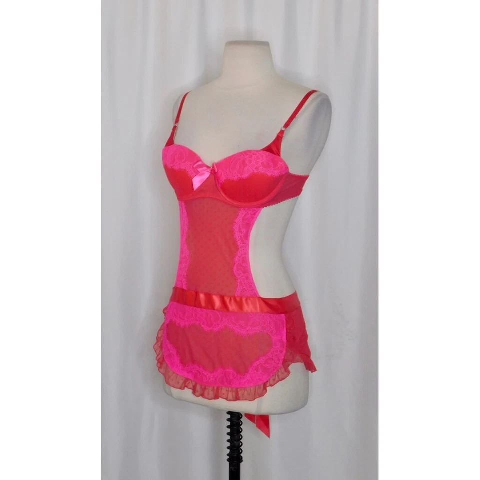 Avental VICTORIA’S SECRET Sexy Little Things vermelho rosa empregada doméstica francesa ponto suíço 34B - Imagem 3 de 4