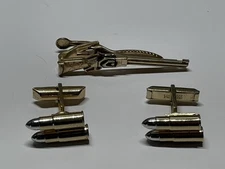 Vintage SWANK Rifle Shotgun Tie Bar Clip & Bullet Cufflinks MCM 1950s