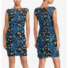 Lauren Ralph Lauren Black/Blue Floral-Embroidered Stretch Mesh Ruched Dress - 0