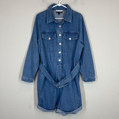 Eloquii Elements Denim Romper Women's 18 Blue Long Sleeve Button Front With Belt