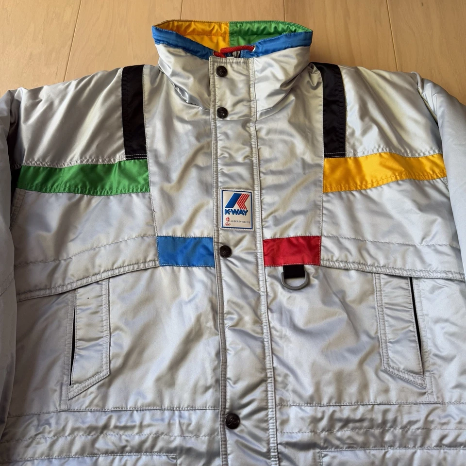 Vintage K Way Winter Olympics Jacket Medium Silver 90s Outerwear Parka Ski - Image 3 of 4