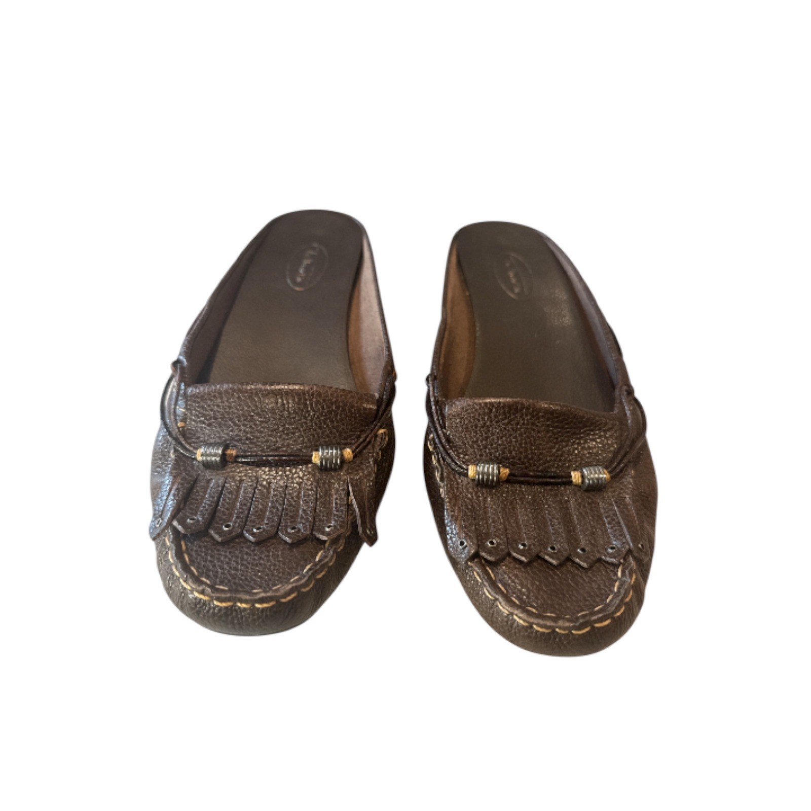 Vintage Talbots Women Brown Leather Fringe Moccasin Loafer Mule Shoes Size 8.5