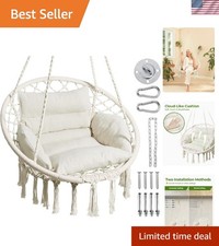 Beige Macrame Swing Chair with Easy Assembly, 330 lbs Capacity, Indoor Outdoor