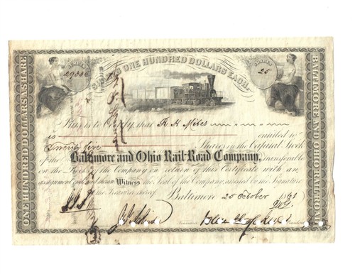 Civil War Era Johns Hopkins signed B&O Railroad Stock Certificate-1861