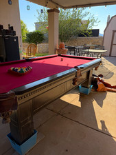 Outdoor Billiard Pool Table w/ Red Felt Top, Pockets  Cue Set