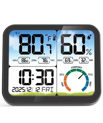 Digital Indoor Thermometer Hygrometer Temperature Humidity Monitor Clock Black