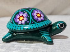 Mexican Terracotta Painted Turtle Trinket/Jewelry Box Purple Floral Folk Art 4”