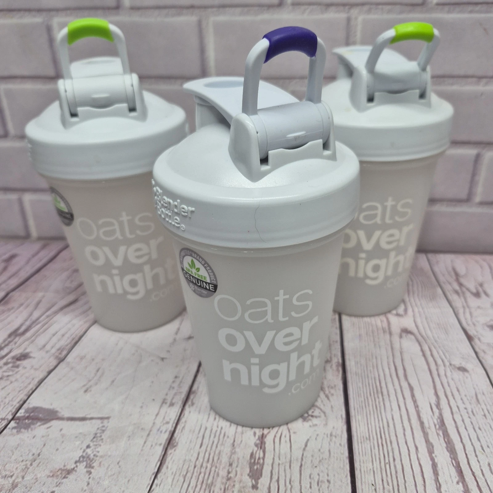 Lot Oats Over Night (3) Shaker Blender Bottle White Green Purple Mixer To Go Cup