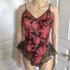 VICTORIA  S SECRET VTG Gold Label Black Red Floral Bodysuit Teddy Lingerie Size M