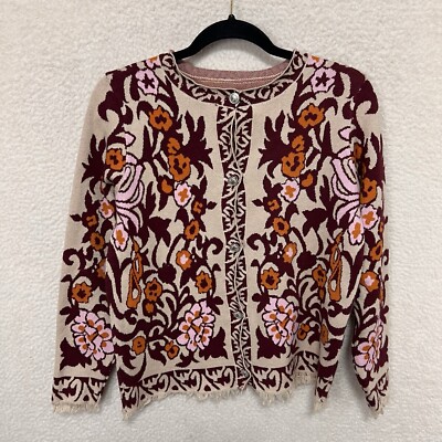 Cardigan Jacket Women s S Orange Plum Floral Geometric Fringe Hems Button Up