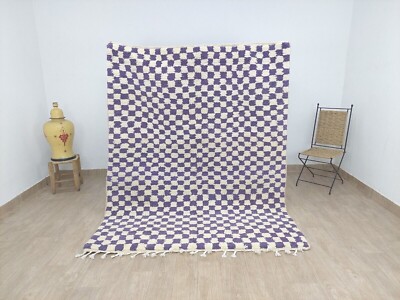 Custom Moroccan Checkered area Rug White Purple Checkerboard Handmade Wool Rugs