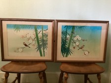 2 Pc WWII-era Bird on Bamboo signed framed Chinese painting on silk under glass.