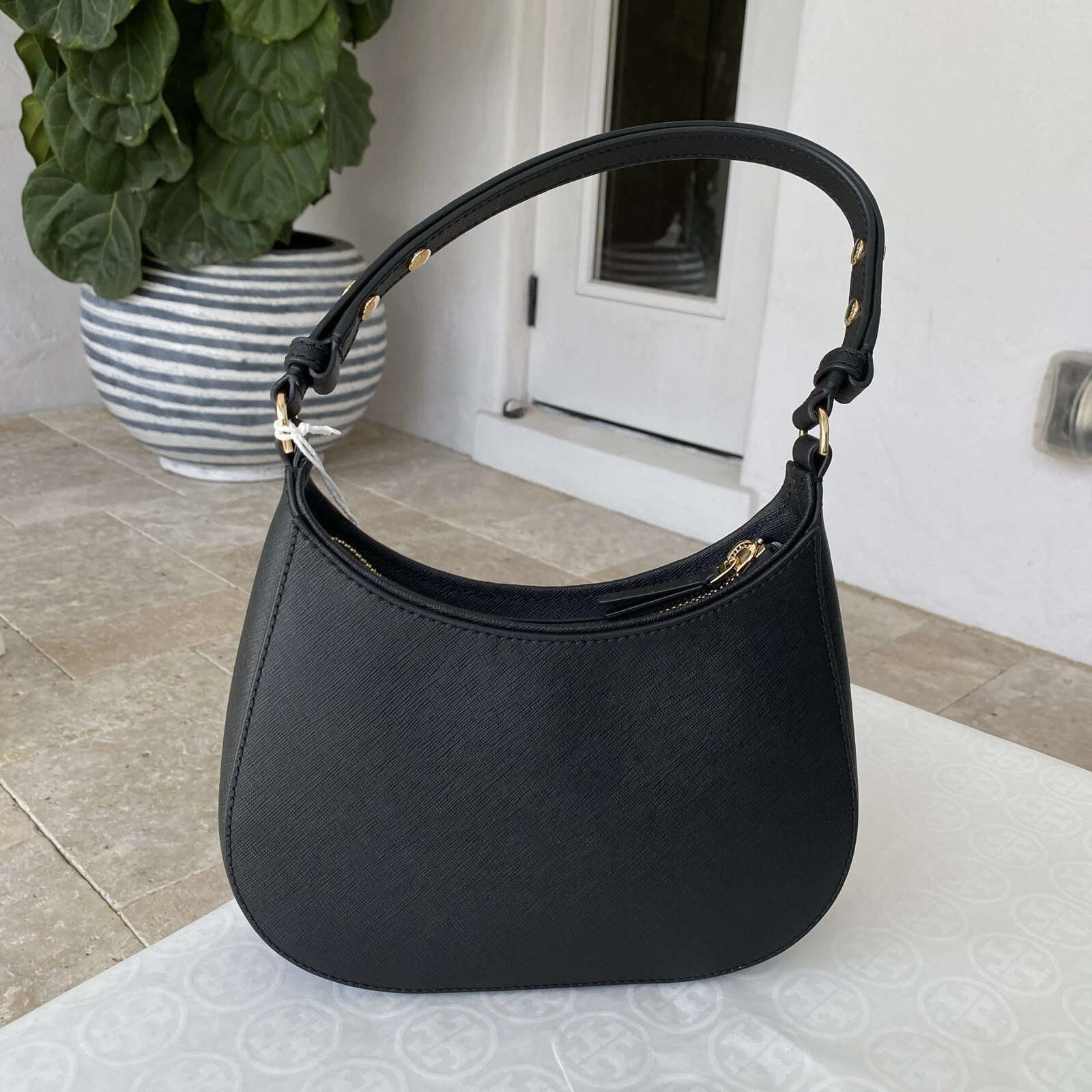 Borsa a tracolla Tory Burch Emerson Saffiano in pelle nera 150258 nuova con etichetta