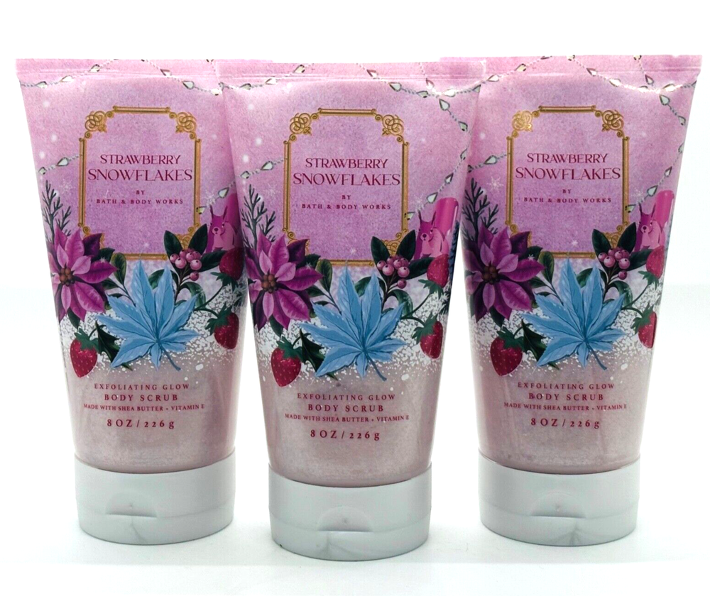 3-Pack Bath & Body Works STRAWBERRY SNOWFLAKES Exfoliating Glow Body Scrub 8 oz