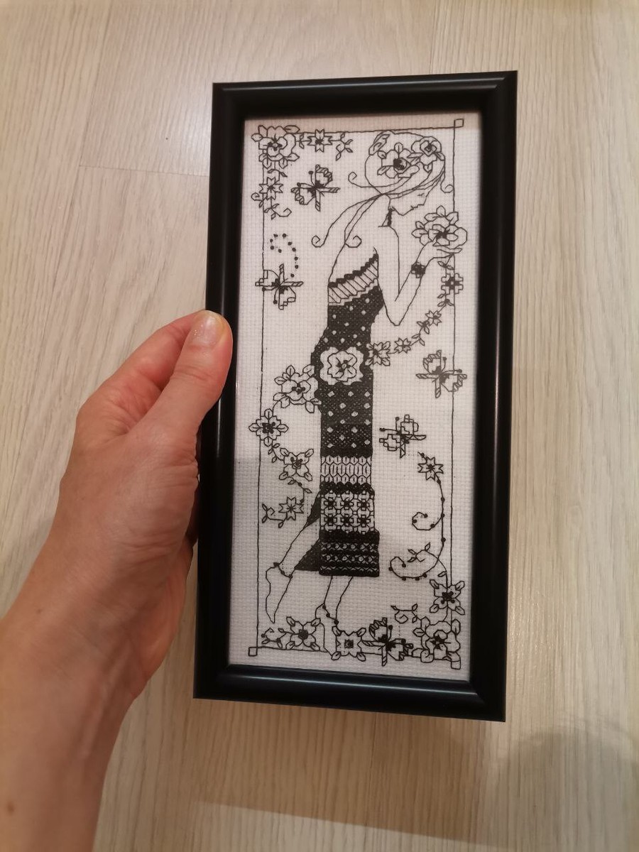 Girl with Flowers Art Deco Completed Embroidered Picture Framed