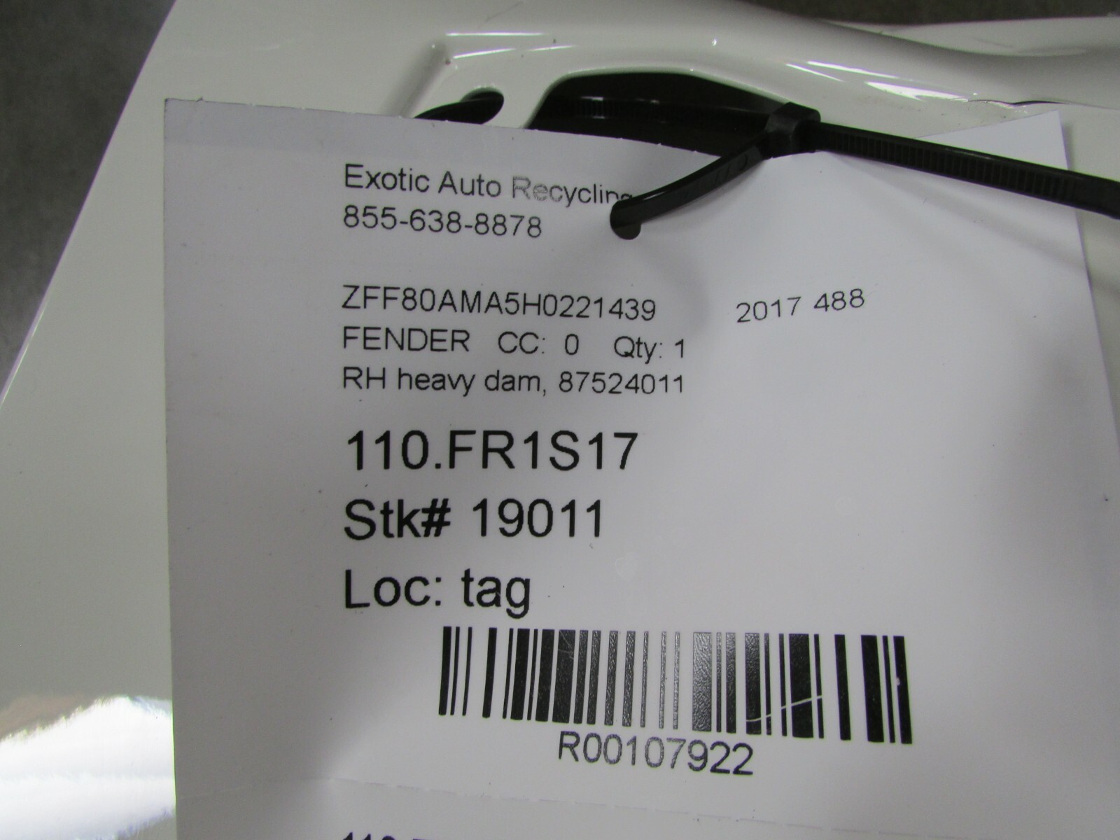 Ferrari 488 Spider, RH, Right Fender, Used, P/N 87524011