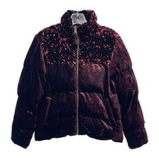 Maeve Maroon Velvet Sequin Puffer Jacket | Size Xs