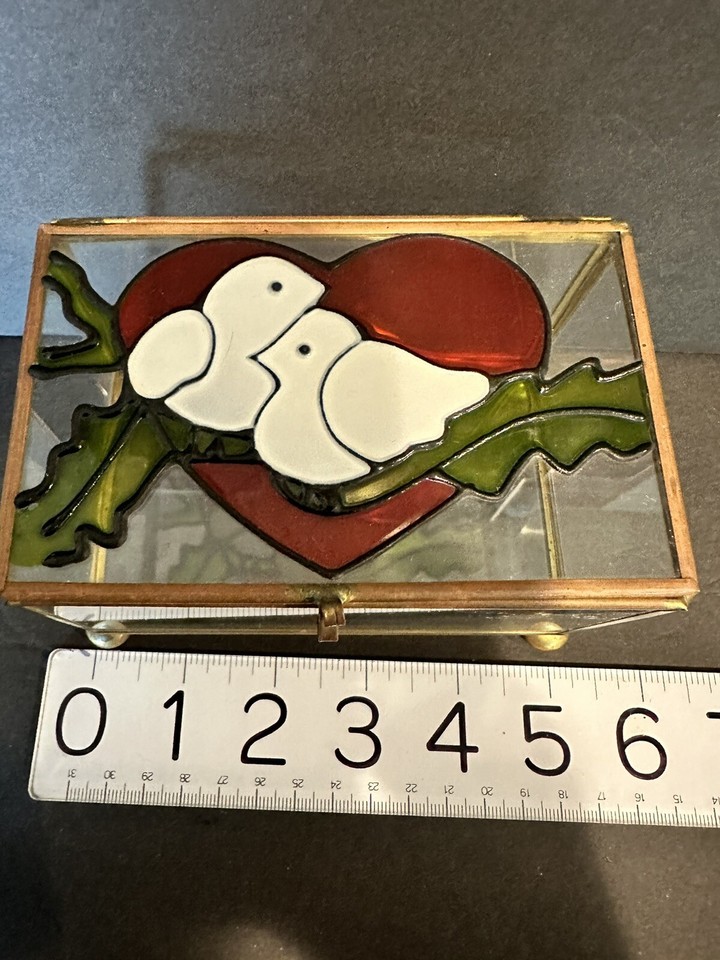 Vintage Stained Glass Brass Jewelry Box w Red Valentine Heart Plus 2