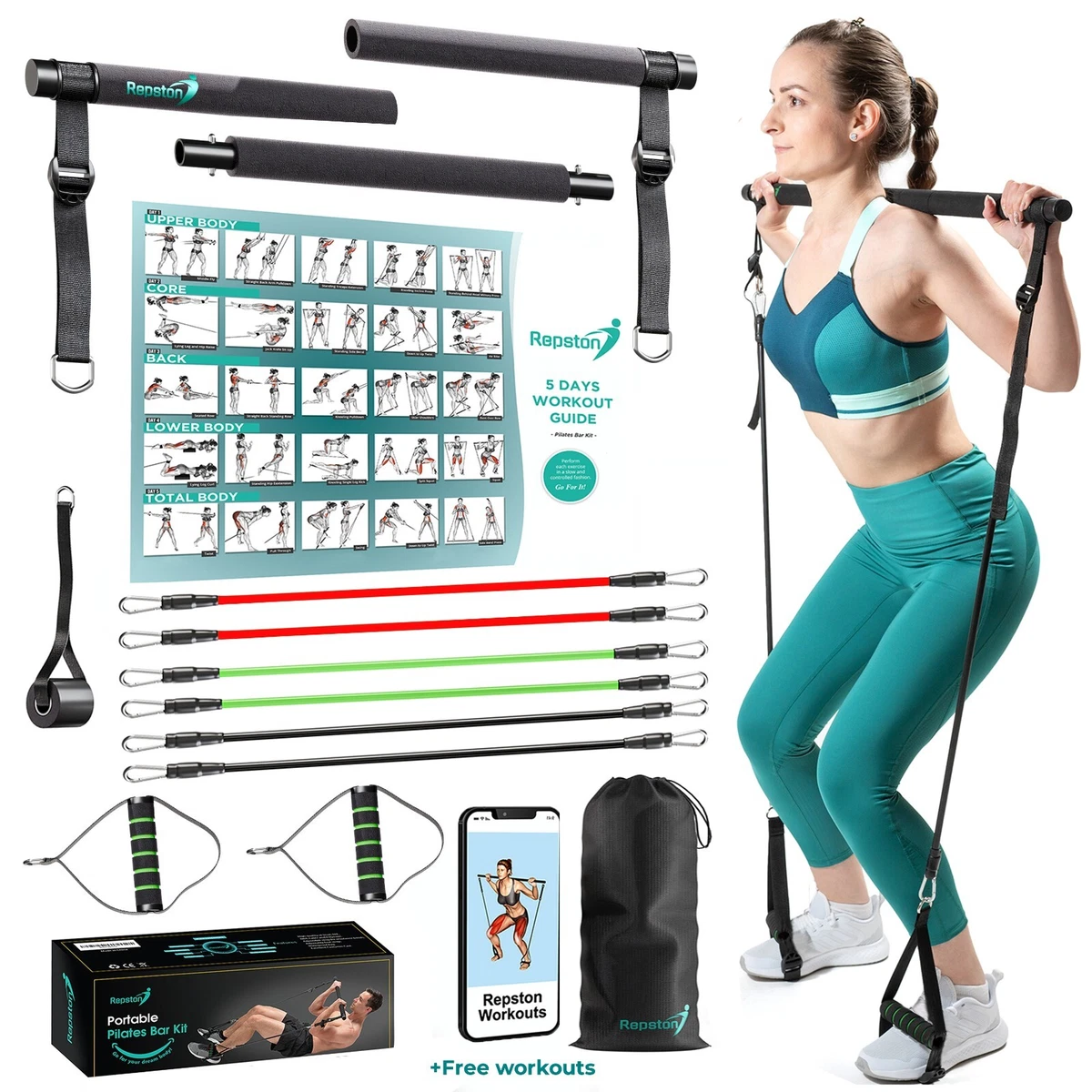 The New Premium Pilates Bar Kit with Resistance-6 bands (15, 30, 50 lbs)