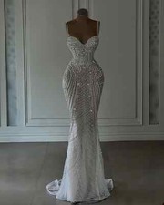 Exquisite Mermaid Spaghetti Tie Wedding Dresses Sweetheart Pearl Bridal Gowns