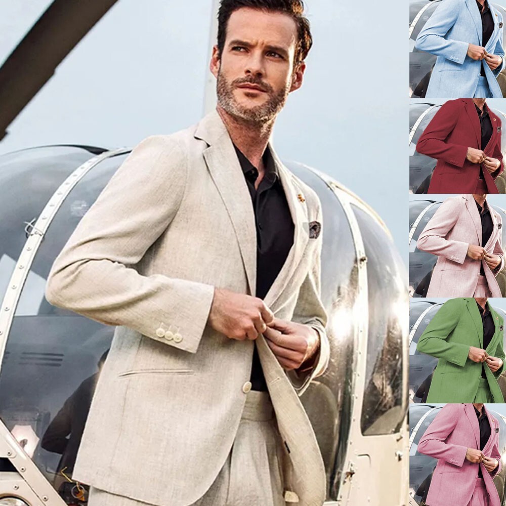 Fashion Beige Linen Men Suits Slim Fit Business Blazer Pants Tailored Party Wear