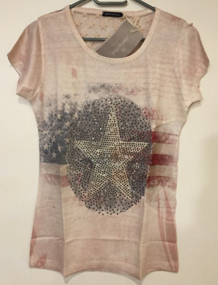 NEU LINDSAY MODA ITALY DAMENSHIRT USA STRASS STERNE T-SHIRT ONESIZE 36 38 BLUSE