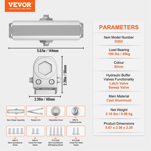 VEVOR Ferme-porte commercial résidentiel hydraulique automatique argenté 45 kg - Picture 7 of 12
