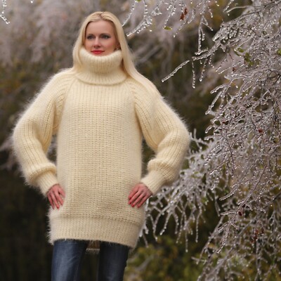Ivory mohair sweater warm ski jumper handmade thick pullover