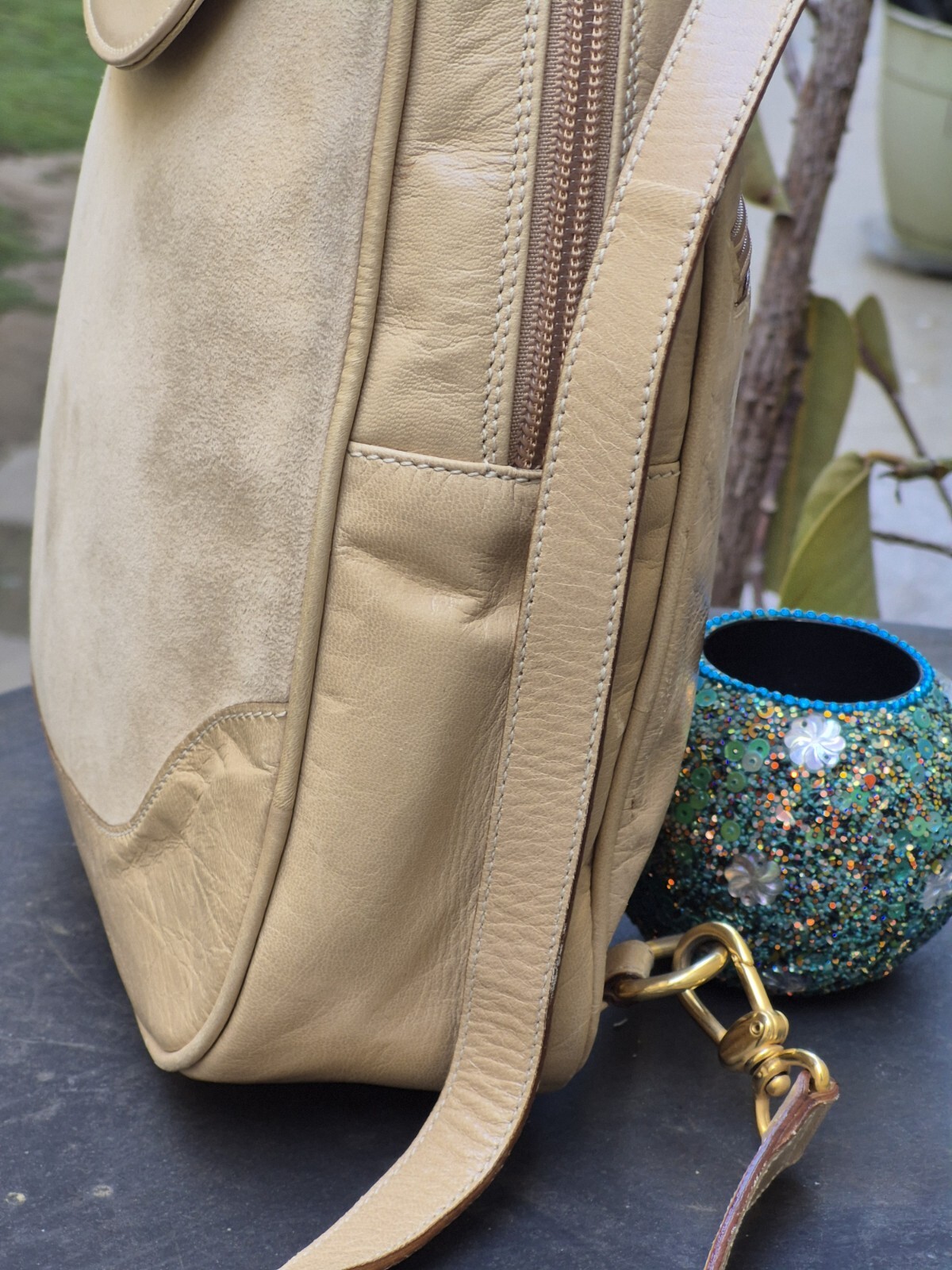 Vintage RARE St John's Beige Suede Leather Boho Chic Women's Backpack image 7