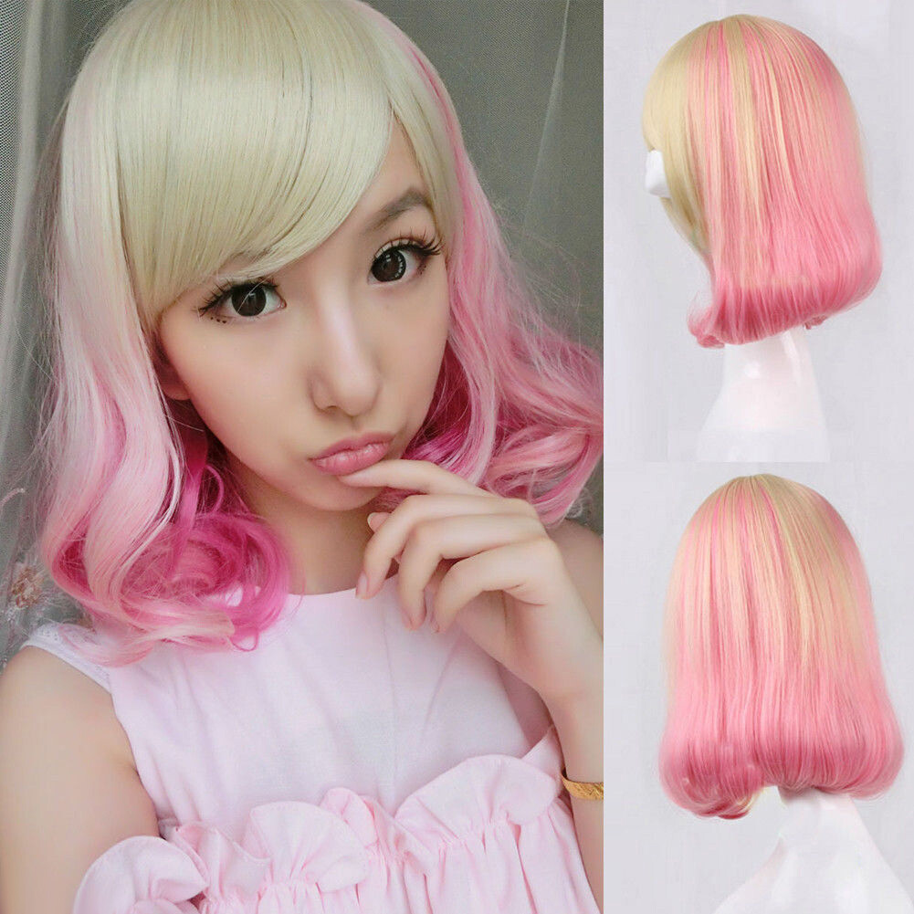 Fashion Blonde Mix Pink Short Straight Curly Women Lady Girl 