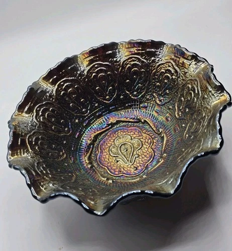Vintage Fenton Carnival Glass Iridescent Persian Pattern Ruffled Bowl 8"