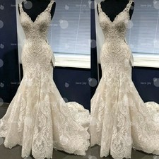 Mermaid Wedding Dresses with Train Sleeveless V-Neck Lace Applique Bridal Gowns