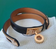 HERMES Kelly Belt Wristband Black Noir Leather W/ Gold Plated Hardware W/ Box